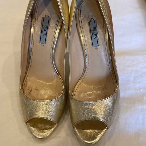 Prada Gold Peep Toe Heels - Picture 1 of 10